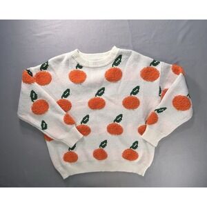 Cider Orange Fruit Knit Sweater White Pullover Cozy Crewneck Size Medium